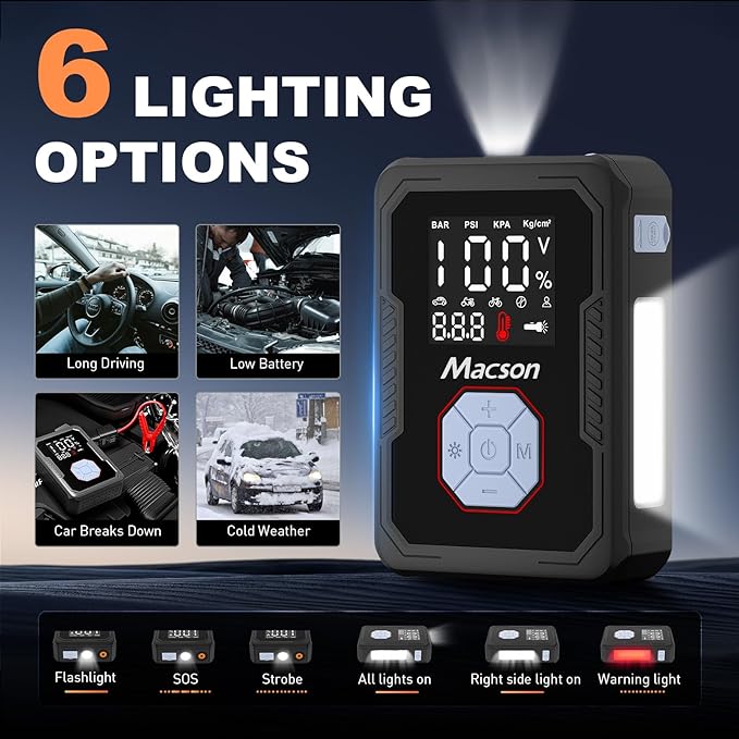 Jump Starter with Air Compressor, 150PSI Tire Inflator 1500A Portable Car Jumper Starter Battery Pack(Up 7.5L Gas/5.5L Diesel Engine), 12V Battery Charger Booster with 6 Modes Flashlight