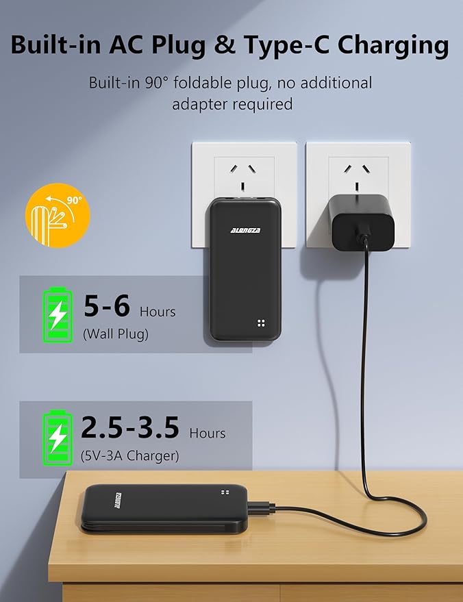 Alongza Portable Charger Built-in Cables and AC Wall Plug, Slim Fast Charging Power Bank 10000mAh, Lightweight USB C External Battery Pack Compact Travel Cell Phone Charger, 2 Pack Black & White