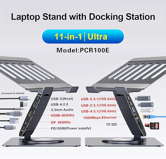 Laptop Docking Station Stand 11-IN-1 Triple Display HDMI DP 4K60Hz Gigabit Ethernet USB3.1 PD100W SD/TF Card Reader Audio 360°Swivel Laptop Stand with USB Hub for MacBookPro/Air/Dell/HP/Surface/Lenovo