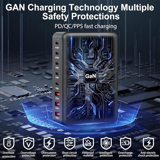 440W USB C Fast Charger Block, 8 Port Charging Station, GaN Ⅲ Multi Port Charging Station Hub for Multiple Devices, Multiport USB Charger Station Compatible with MacBook iPhone iPad Dell