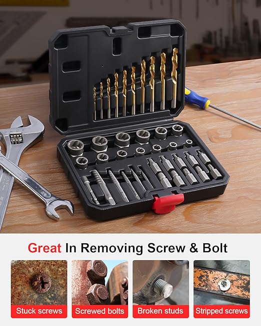 Kolvoii Screw Extractor Set & Bolt Extractor Kit, Left Hand Drill Bit Set, 39 Pcs Multi-Spline Bolt Remover Tools, for Removing Broken, Stripped Bolts, Screws, 35#CR-MO 6542/4341 HSS Steel Cobalt