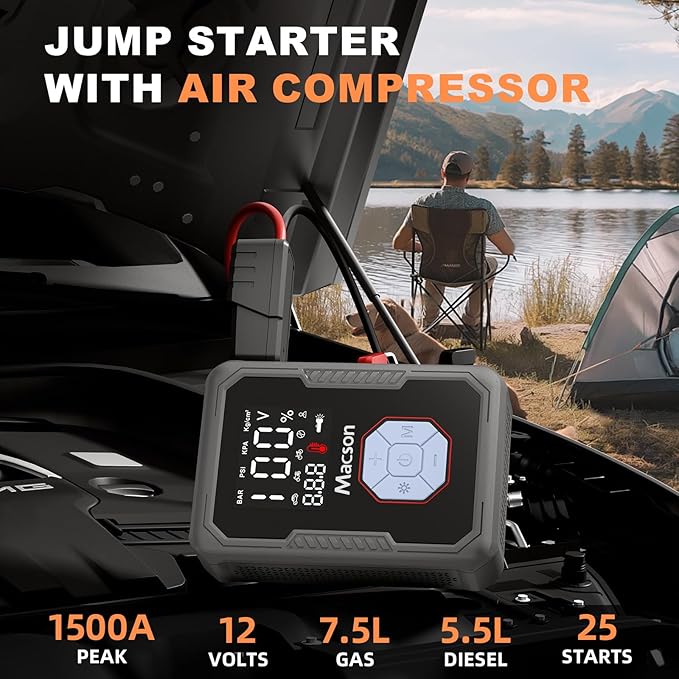 Jump Starter with Air Compressor, 150PSI Tire Inflator 1500A Portable Car Jumper Starter Battery Pack(Up 7.5L Gas/5.5L Diesel Engine), 12V Battery Charger Booster with 6 Modes Flashlight