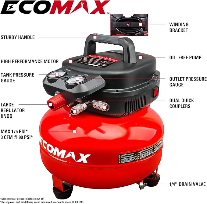 Air Compressor, 6-Gallon Pancake Air Compressor with 25 FT Air Hose, MAX 175PSI Pressure/1.5HP, Compressor for Air Tools, Car Tires, Garage, and Shop