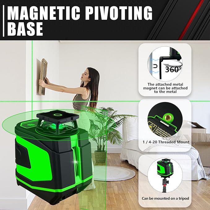 5 Line Laser Level,100ft Self-Leveling Green Laser Level,Cross Line Laser,Vertical and horizontal lines,Rotates 360 Degrees,Include Magnetic Pivoting Base, Portable Bag, Laser Target Plate,Batteries