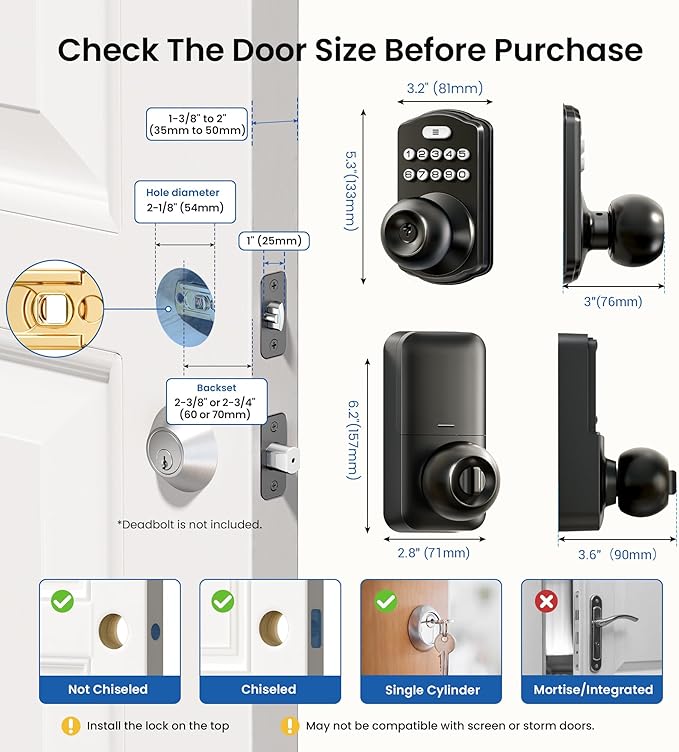 Veise Keypad Door Knob Lock, Keyless Entry Digital Lock with Handle, Electronic Knob for Front Door & Bedroom, Easy Installation, Auto-Locking, Passage Mode, Matte Black