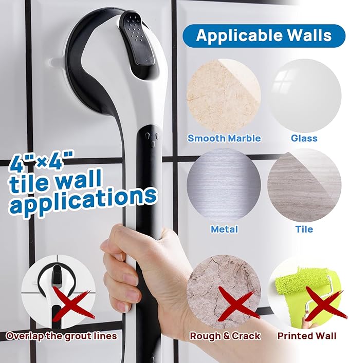 LEVERLOC 2 Pack Grab Bars for Bathtubs and Showers, Easy to Install Suction Shower Handles for Bathroom Removable Handrails for Seniors Elderly Safety Grip Waterproof Drill Free Black