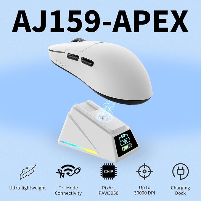 DAIDAI AJAZZ AJ159 APEX Wireless Gaming Mouse 2.4G Wired BT|RGB Magnetic Screen Charging Dock|Lightweight|42K Optical Tracking|400mAh Battery |PAW3950APEX Sensor.