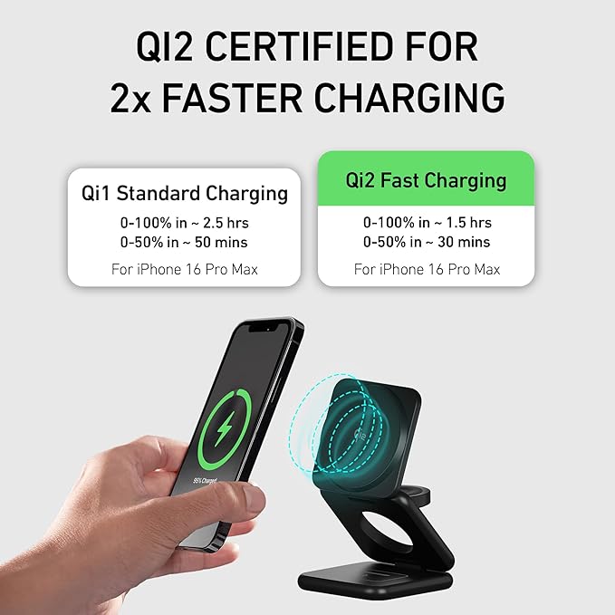 Peel 3-in-1 Wireless Charging Stand – Qi2 Certified Fast Charger, Compatible with MagSafe iPhone 16/15/14/13/12, Apple Watch & AirPods, Ultra-Slim Foldable Design, USB-C Cable – Black