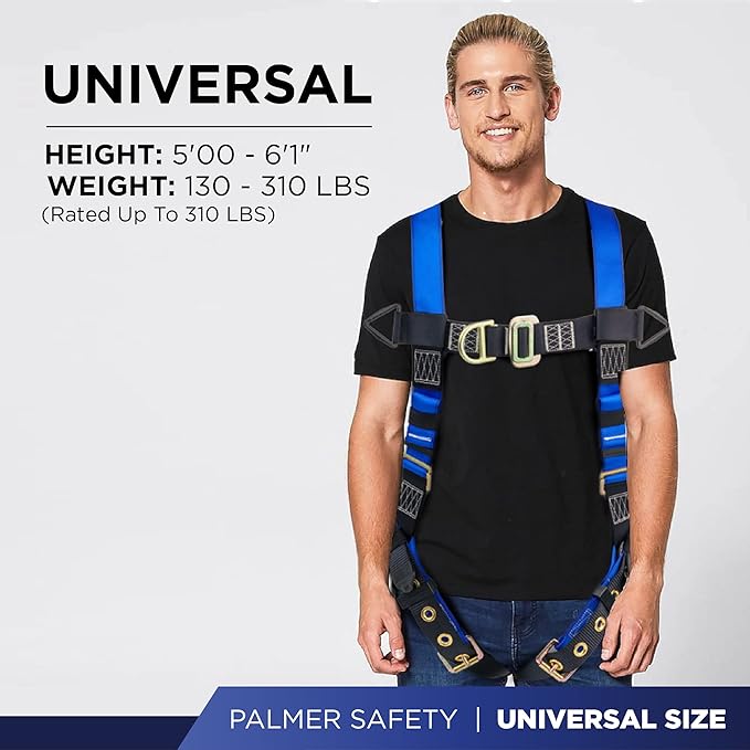 Palmer Safety Full Body Harness 5pt Adjustment, Front & Back D-Ring, Grommet Legs, and Fall Indicators