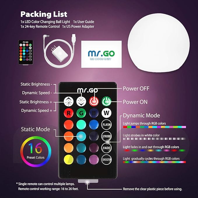 Mr.Go 16-inch Indoor/Outdoor Waterproof Rechargeable LED Glowing Ball Light Orb Globe Lamp w/Remote, 16 RGB Colors 4 Light Effects, Ideal Home Garden Pool Patio Party Ambient Decorative Lighting