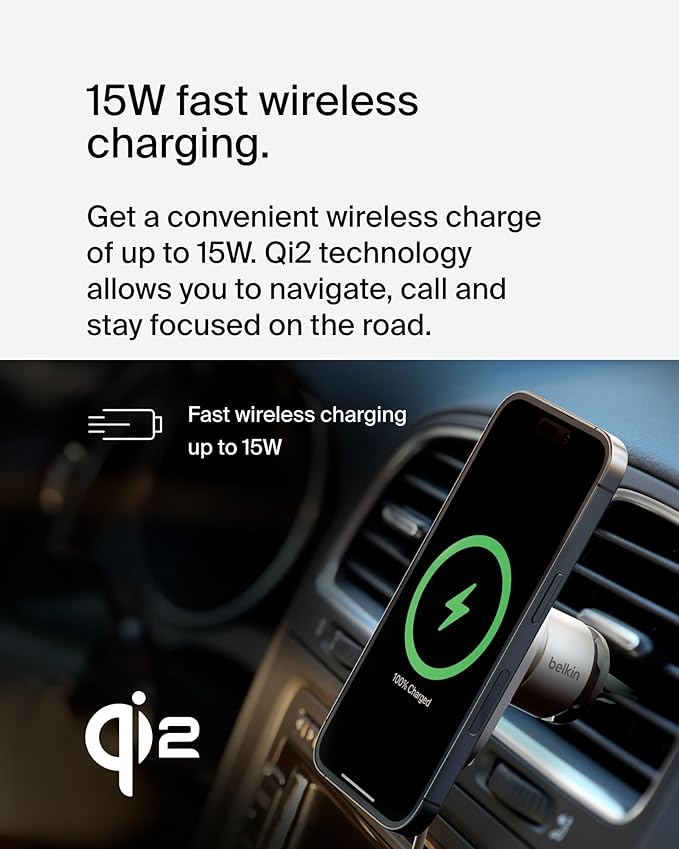 Belkin MagSafe-Compatible Wireless Car Charger with 15W Fast Charging, Powerful Magnetic Vent Holder for iPhone 16, 15, 14, 13, and 12 Series, Secure Car Phone Mount - White