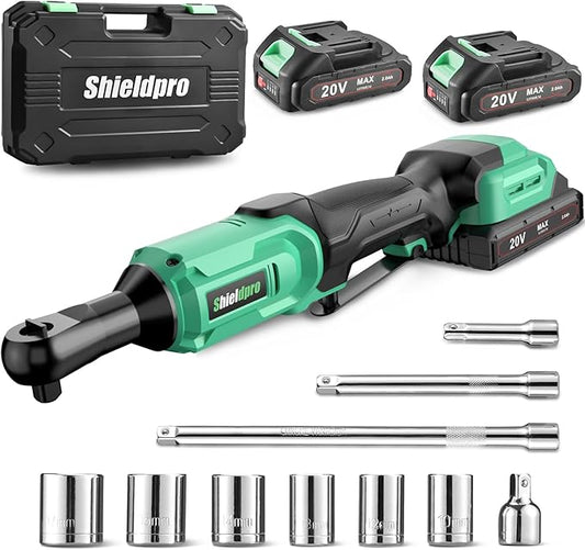 ShieldPro 20V Cordless Ratchet Wrench Set - 3/8" Electric Power Ratchet Kit with 400RPM, LED Work Light, and 2 Batteries, Fast Charger, Sockets, Adapters and Extension Bars (Green)