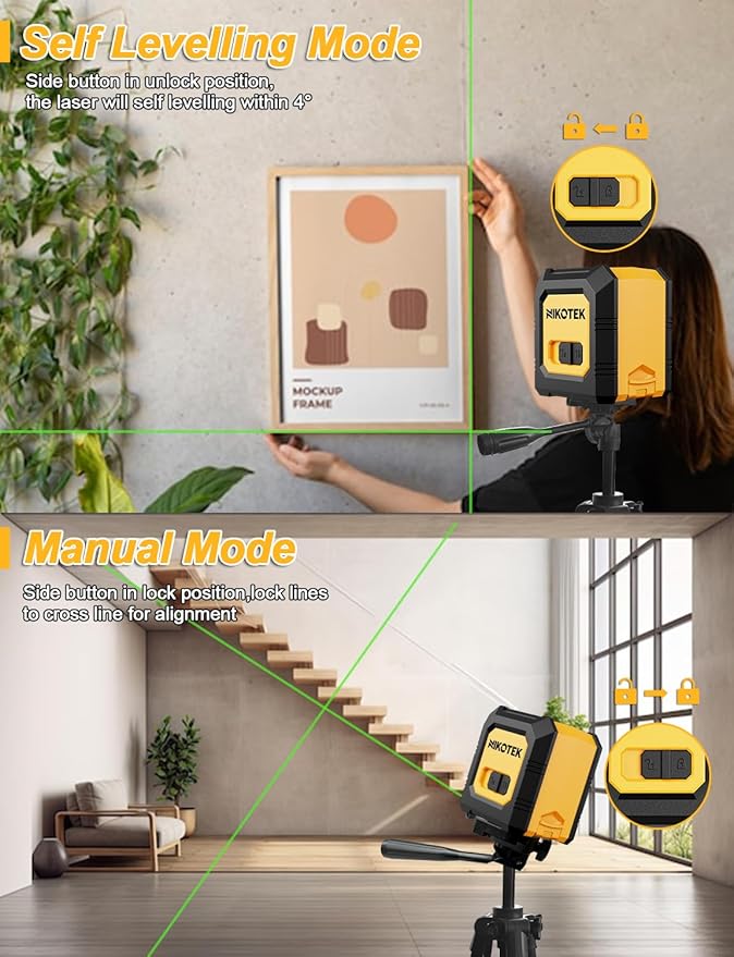 Laser Level Self-Leveling Green Beam Horizontal and Vertical Cross-Line Laser for Home Decoration Carrying Pouch, Battery Included (NK01G With 47 inch Tripod)