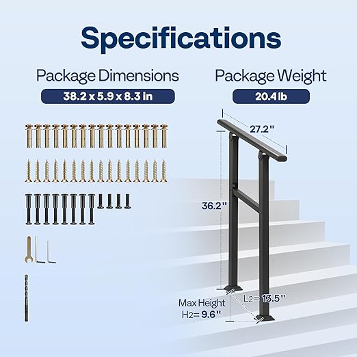 VIVOHOME 2-Pack 2 Step Hand Rails for Outdoor Steps, Galvanized Steel Railing, Black Oval Exterior Hand Railing for Porch, Deck, or Indoor Stairs, Railing Kit