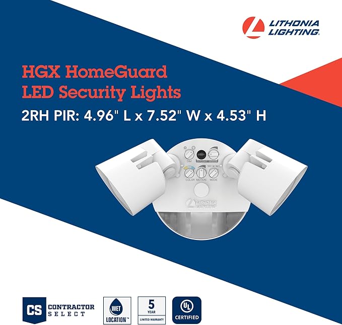 Lithonia Lighting HomeGuard 2-Light LED Outdoor Flood Lights, Motion Sensor Outdoor Lights with Dusk to Dawn, Adjustable Lumens and Color, Round Heads, White (HGX LED 2RH ALO SWW2 120 PIR WH M2)