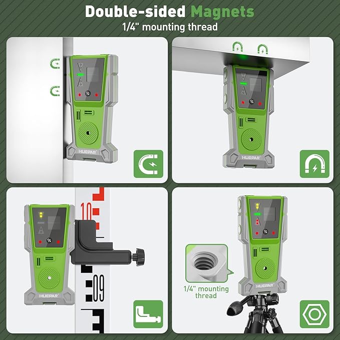 Huepar LR-8RG Laser Receiver, Compatible with All Huepar and Pro Laser Levels, ±1/17 In, Up to 200Ft, Green & Red Beams Laser Detector, Two-Sided LED Prompt, Magnet, Clamp Included