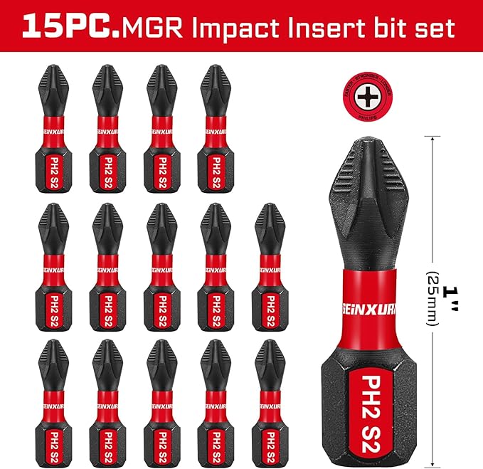 Impact Tough #2 Phillips 1 in. Anti-slip Head Insert Driver Bits,15Pack 1/4 Inch Hex Shank Cross Magnetic PH2 Screwdriver Bits Set