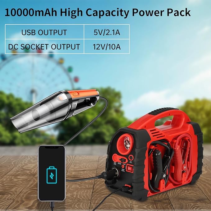 Jump Starter, acetek 1000Amp 12V Lead-Acid Battery Jump Starter with 260 PSI Air Compressor, Jump Box for Up to 5.0L Gas & 5.0L Diesel Engines, Portable Power Station with LED Light