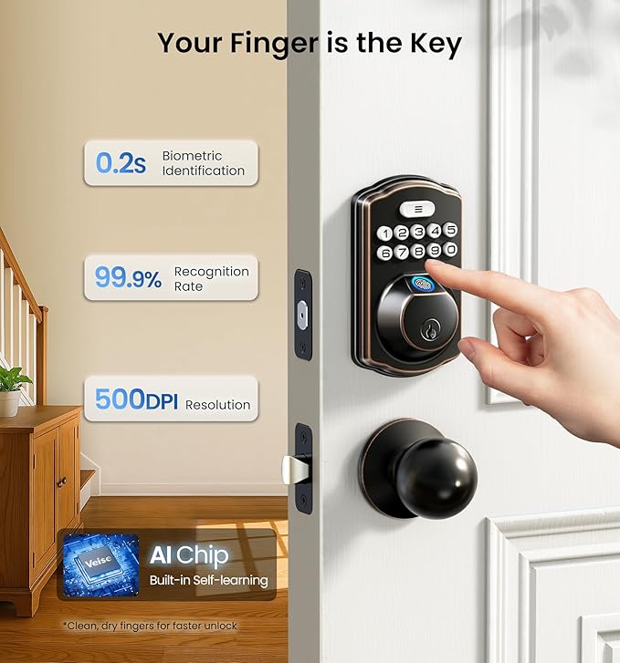 Veise Fingerprint Door Lock, Keyless Entry, Auto Lock, Electronic Keypad Deadbolt for Front Door, Biometric, Anti-Peeking Password, Easy Install, Oil Rubbed Bronze
