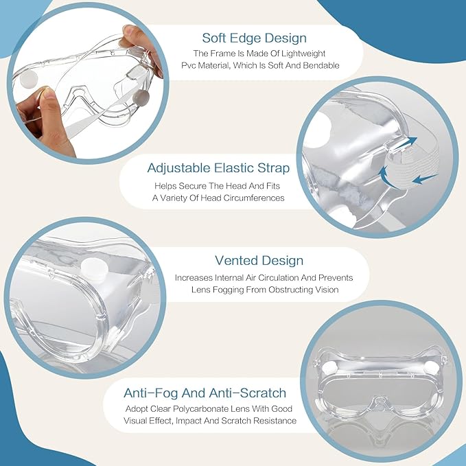 Macarrie 50 Pcs Anti-Fog Safety Goggles Bulk Anti Scratch Lab Goggles Over Glasses for Men Women Nurse Medical Chemistry Work