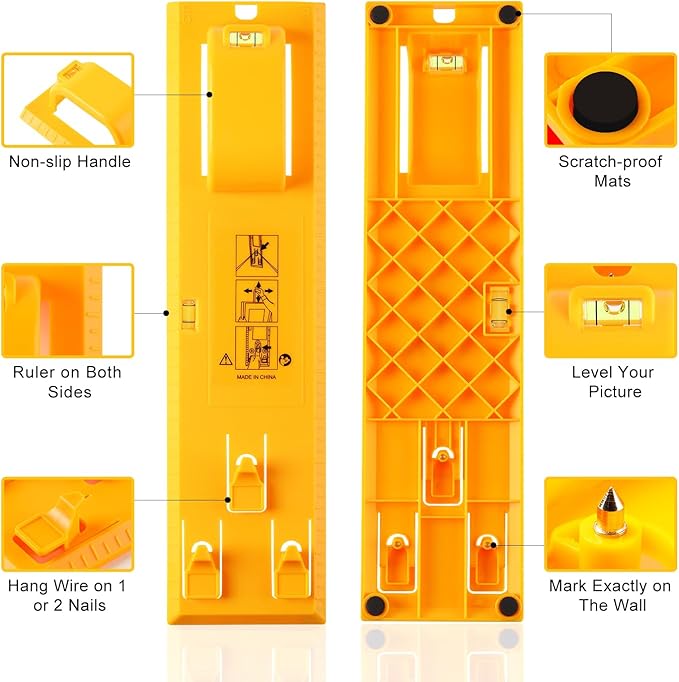 Picture Hanging Kit, Goodsnova Picture Hanging Tool with Level for Easy Marking Position, Including 218PCS Instaframe Hanging Kit with Hooks, Nails, Wires, Hammer for Art/ Photos (Yellow)
