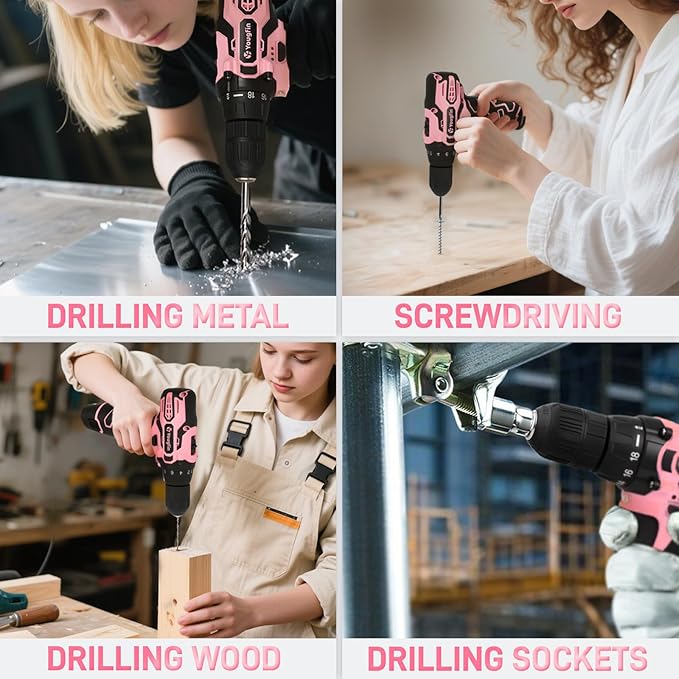 YOUGFIN Pink Drill Set for Women, Tool Kit with Drill 12V or Home Office Repairing & Improvement, Household Drill Set Power Tool with Pink Tool Box 195 Pieces