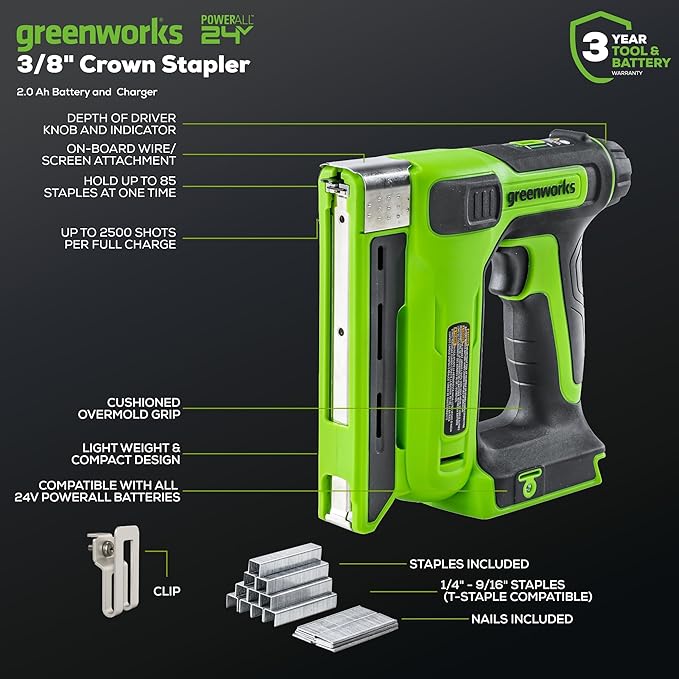 Greenworks 24V Brushless 4 pcs Cordless Power Tool Combo Kit, Include Drill, Impact Driver, Jigsaw, Staple Gun, 3 x 2Ah Batteries and 2 Chargers