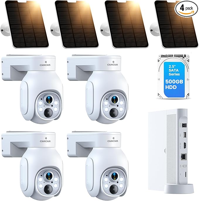 Camcamp Solar Security Cameras Outdoor Wireless, 4MP Security Camera System for Home, Solar-Powered 4 Cam-Kit, 2.4G & 5G WiFi, Color Night Vision, 360° Pan & Tilt, 10CH NVR 500GB HDD, No Subscription