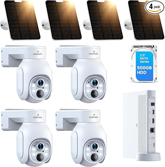Camcamp Solar Security Cameras Outdoor Wireless, 4MP Security Camera System for Home, Solar-Powered 4 Cam-Kit, 2.4G & 5G WiFi, Color Night Vision, 360° Pan & Tilt, 10CH NVR 500GB HDD, No Subscription
