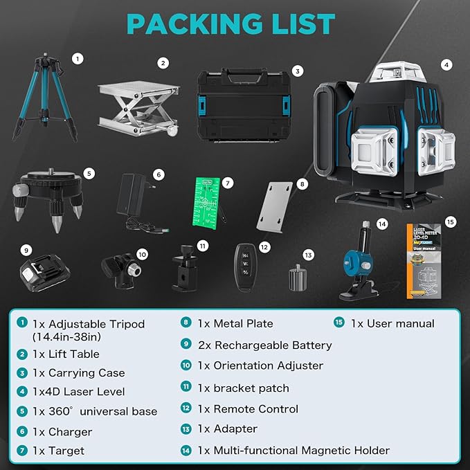 360 ° Laser Level with Tripod, 4D 16 Lines Green Laser Level for Construction, Self-Leveling Tool Equipped with Bluetooth APP and Remote Controller, Complete Kit with Accessories
