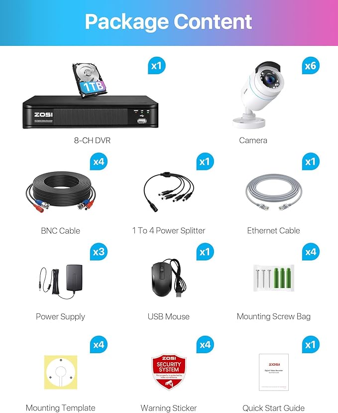 ZOSI 3K Lite Home Security Camera System with AI Human Vehicle Detection, 8CH DVR Recorder and 6 x 1080p Wired CCTV Bullet Cameras Outdoor Indoor, 80ft Night Vision, Remote Access (1TB Hard Drive)