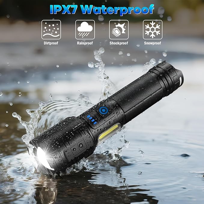 2 Pack Rechargeable Flashlights 90000 High Lumens, Super Bright Flash Light with 7 Lighting Modes, 24 Hours Long Life Powerful Flashlight with Side Light, IPX7 Waterproof Flashlight for Camping Home