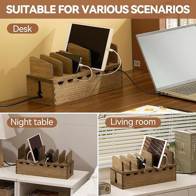 KIRIGEN Charging Station Organizer for Multiple Devices Desktop Organizer Wooden Cable Management with 7 Ports for Cell Phones, Tablets, Earphones GDXH-DBR
