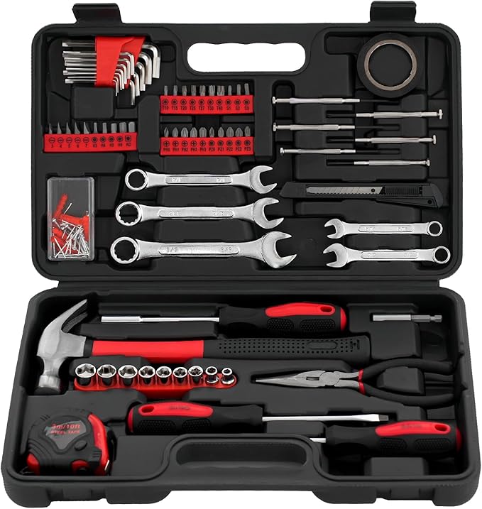 149-Piece General Hand Tool Kit - Essential Home Toolkits with Plastic Toolbox Storage Case for all Purpose, Complete Tool Set for Men, College Students, Dorm, DIY Enthusiast (Red)