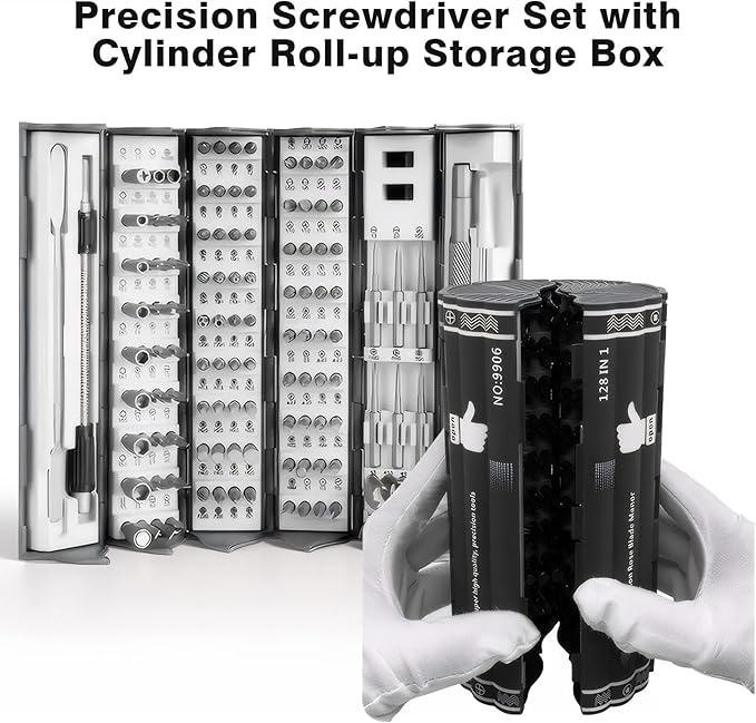 Precision Screwdriver Set 128 in 1 Professional Multi-Tool with S2 Magnetic Screwdriver Bits Roll-up Cylinder Organizer Portable Repair Tool Kit for Computer Phone Watch Electronics Maintenance