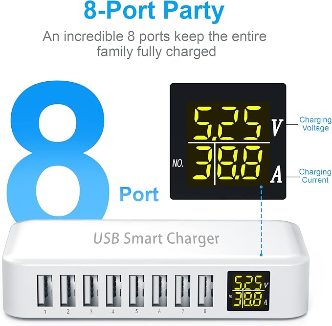 USB Charging Station, Ziwodiv 8-Port 60W/12A Charger Station, Multi Ports USB-A Charging Hub with LED Display, Compact Desktop Charger for Multiple Devices, iPhone iPad Samsung Android and Tablet