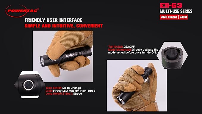 PowerTac E11-G3 2020 Lumen Rechargeable Flashlight, Type-C Charging, IPX8 Waterproof, 6 Modes, Reversible Steel Pocket Clip, Auto Memorization, 2020 Lumens, EDC LED Flashlights for Everyday Carry