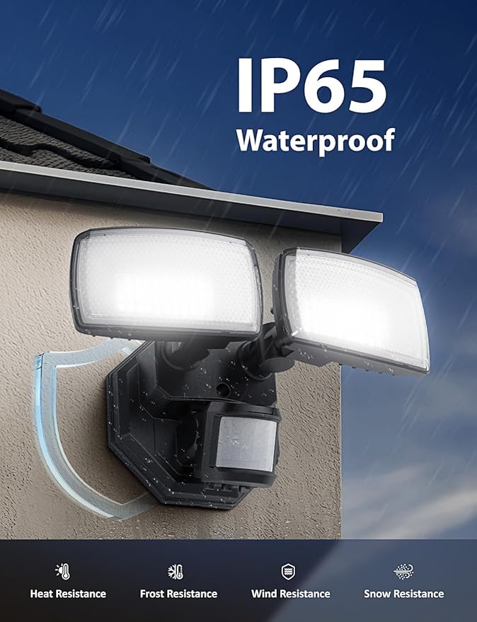 Onforu 32W 2 Head Motion Sensor Outdoor Lights, 3200LM 6500K Hardwired LED Security Light, Dusk to Dawn, Motion Detector Light for Outside, 2 Pack IP65 Waterproof Flood Lights for Garage, Yard(Black)