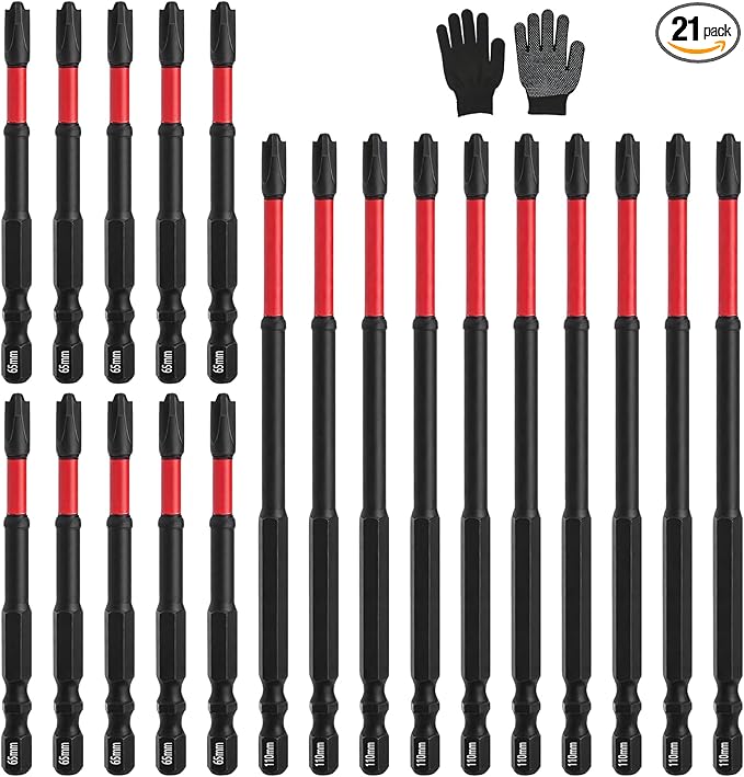 FPH2 Impact Screwdriver Bit Set for Electricians, FPH2 Bits with Magnetic for Electricians, S2 Steel 65mm&110mm Slotted Heads 1/4 Inch Hex Shank with a Pair of Glove, 21PCS