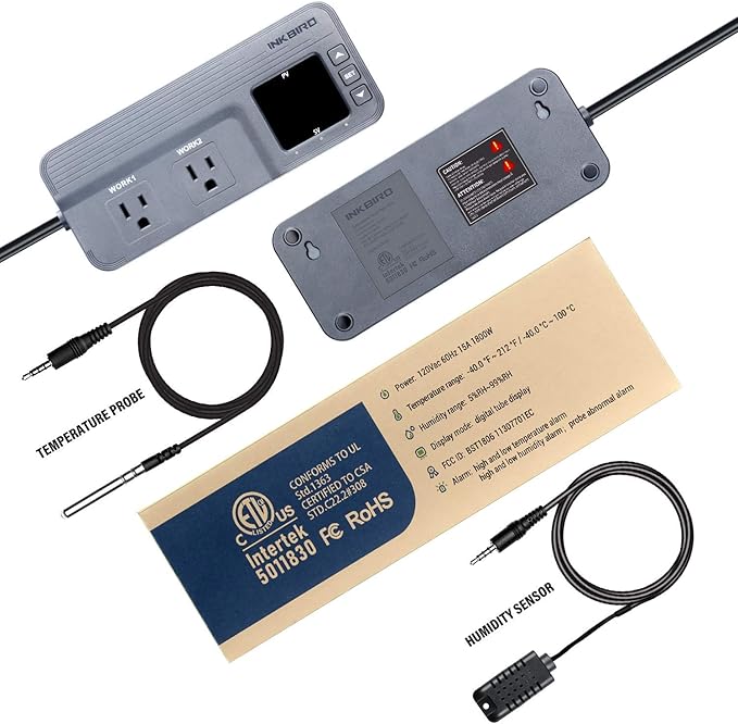 Inkbird ITC-608T Temperature and Humidity Controller 1800W ETL Listed AC Dual Stage Outlet Thermostat with Temperature and Humidity Sensor Mushroom Greenhouse Reptile