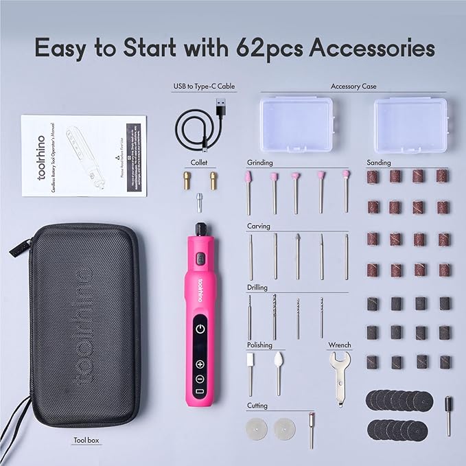 Cordless Rotary Tool Kit, 3.7V Wood Carving Tools with 5 Speed and 62 Accessories, Multi-Purpose Mini Rotary Tool for Sanding, Cutting, Engraving, Drilling, Polishing, DIY Creations, Pink