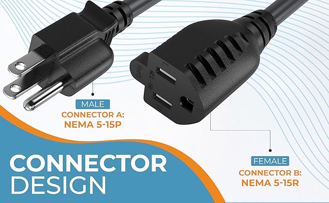CableLeader 3ft NEMA 5-15P to 5-15R Heavy Duty Power Extension Cord, 14AWG SJT 15A/125V, Outlet Extension Power Cable, NEMA 5-15R to NEMA 5-15P AC Power Cord, UL Listed, Black