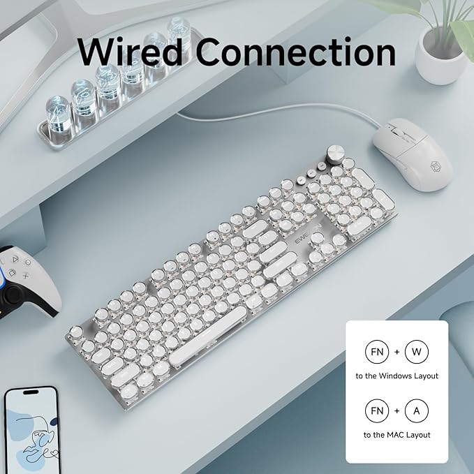 EWEADN Wired Typewriterkeyboard and Mouse Combo, Typewriter Style Mechanical Gaming Keyboard,104 Keys Backlit LED Keyboards, Media Control Knob, Wired Keyboard Pink Switch for Windows/Mac/PC-White