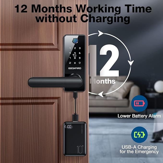 GEONFINO Smart Door Lock 6-in-1 Deadbolt with Keypad,Fingerprint Door Lock with Handle, Bluetooth Electronic Deadbolt for Home