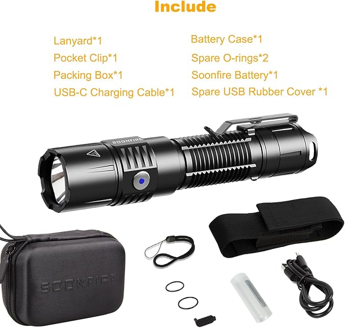 MX75 2530 Lumen LED Tactical Flashlight Law Enforcement, 390 Yards Beam Distance USB-C Rechargeable Pocket Flashlight with Battery