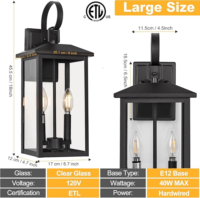 18" Large Black Outdoor Wall Light Fixture, 2-Light Waterproof ETL Listed Outdoor Wall Lamp with Clear Glass, E12 Socket, Aluminum Outside Garage Light Lantern for House, Porch, Patio, Garage