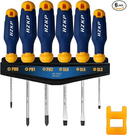 SUNHZMCKP 7-Piece Screwdriver Set, 3 Phillips and 3 Flat Screw Driver Made of S2 Steel, Screw Driver Set Kit with Wall Mount, Professional Cushion Grip and Magnetize&Demagnetize Device