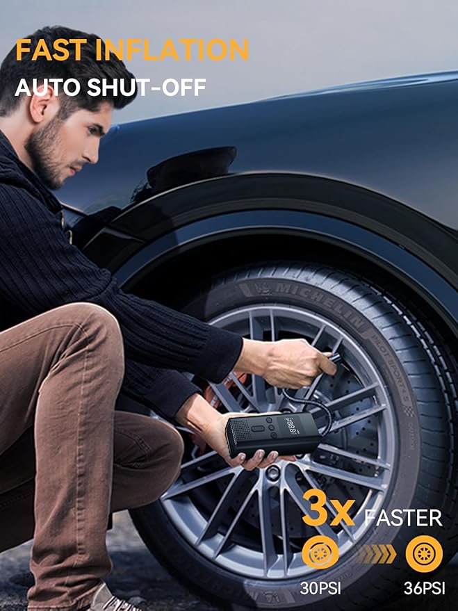 AIRSURE Tire Inflator Portable Air Compressor, 150 PSI Fast Inflation Cordless Air Pump with LED Light, Auto Shut-Off, Rechargeable Battery for Car, Motorcycle, Bike, and Sports Balls