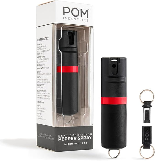 POM Pepper Spray Keychain, Quick Key Release for Instant Access, Flip Top Safety, Maximum Strength OC Formula with UV Marking Dye, 25 Bursts, 10 ft Range, 0.5 fl oz