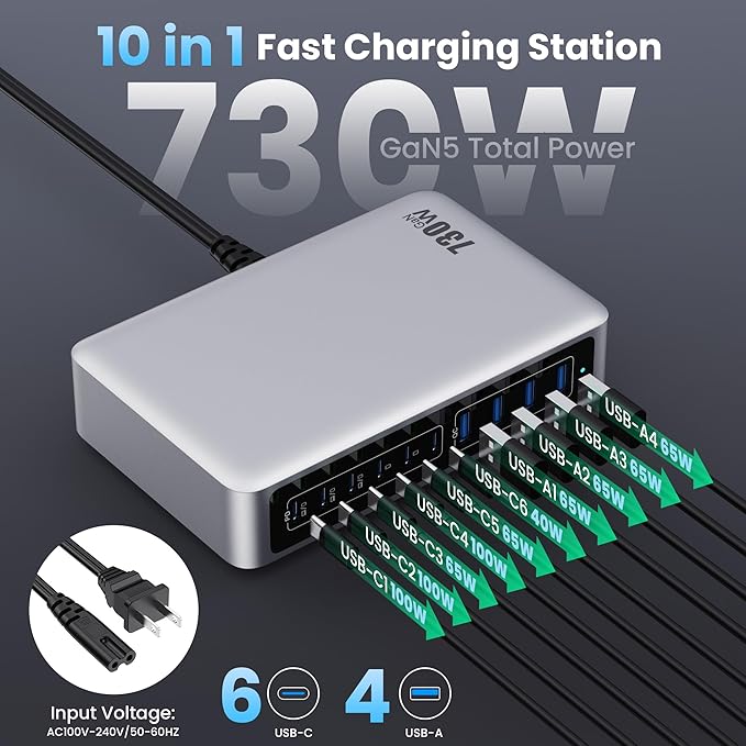 730W USB C Charger Block,10-Ports GaN V Fast Charging Station Hub,QC4.0+3 PD 100W Laptop Charger Wall Power Adapter for MacBook Pro/Air,DELL,iPhone 16/15/14/13,iPad,Galaxy S25,Pixel,Steam Desk-Silver